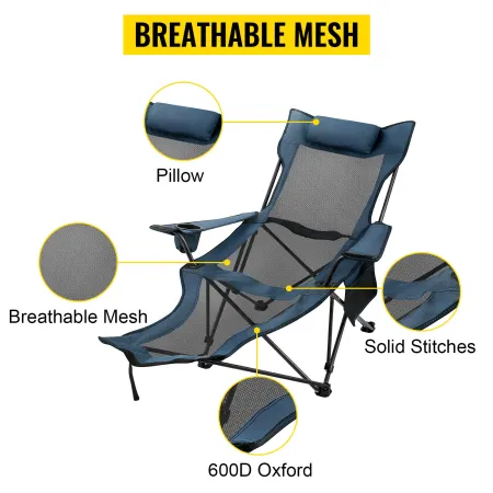 Folding Camp Chair, with Footrest Mesh, Portable Lounge Chair with Storage Bag and Cup Holder, for Camping Fishing and Other Out