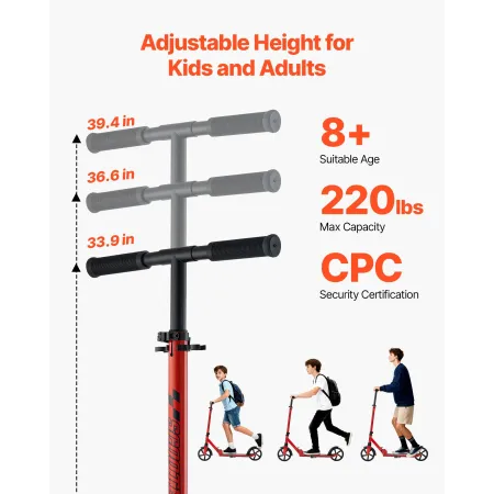 VEVOR Kick Scooter for Kids Ages 8+, Teens & Adults, 2-Wheel Toddler Scooter with Adjustable Height Handlebar, Wide Anti-Slip De