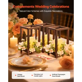 VEVOR 20 Set/60 Pcs Wooden Wedding Lantern Centerpiece, Includes 20 Wooden Lantern Candle Holder 20 Flameless LED Candle 20 Cham