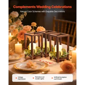 VEVOR 12 Set/36 Pcs Wooden Wedding Lantern Centerpiece, Includes 12 Wooden Lantern Candle Holder 12 Flameless LED Candle 12 Euca