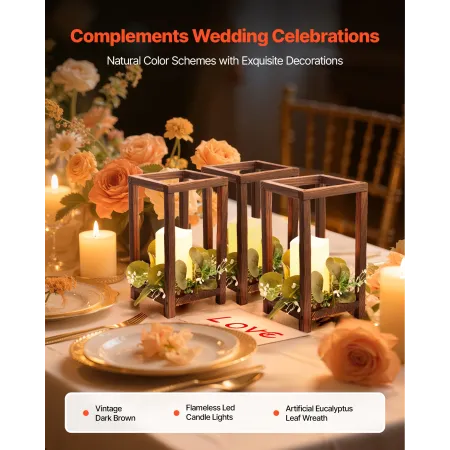 VEVOR 12 Set/36 Pcs Wooden Wedding Lantern Centerpiece, Includes 12 Wooden Lantern Candle Holder 12 Flameless LED Candle 12 Euca