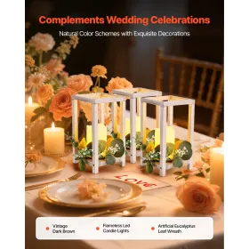 12 Set/36 Pcs Wooden Wedding Lantern Centerpiece, Includes 12 Wooden Lantern Candle Holder 12 Flameless LED Candle 12 Eucalyptus