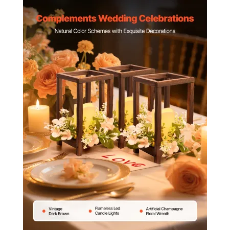 VEVOR 10 Set/30 Pcs Wooden Wedding Lantern Centerpiece, Includes 10 Wooden Lantern Candle Holder 10 Flameless LED Candle 10 Cham