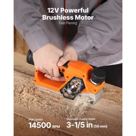VEVOR Cordless Handheld Planer, 56 mm Cut Width, 14500 RPM Electric Hand Wood Planer with 2 Ah 12V Lithium Battery, Brushless Mo