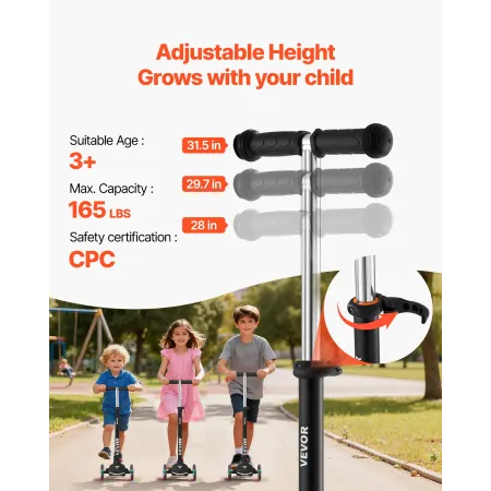 VEVOR Kick Scooter for Kids Ages 3+, 3-Wheel Toddler Scooter with Light-Up Wheels, Adjustable Height Handlebar, Wide Anti-Slip D