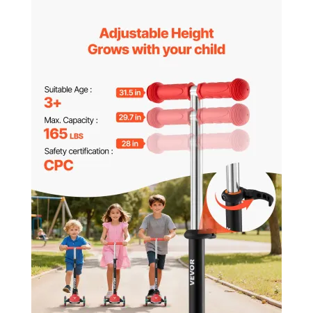 VEVOR Kick Scooter for Kids Ages 3+, 3-Wheel Toddler Scooter with Light-Up Wheels, Adjustable Height Handlebar, Wide Anti-Slip D