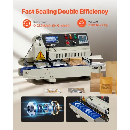 VEVOR Continuous Bag Band Sealing Machine, 6-12 mm Seal Width, Horizontal Band Sealer Machine with Ink Printing, Temp & Speed Ad
