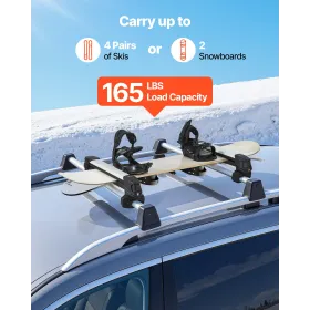 VEVOR Ski & Snowboard Roof Rack, Carry up to 4 Pairs of Skis or 2 Snowboards, 2 PCS Aluminum Universal Car Roof Rack Top Holder 
