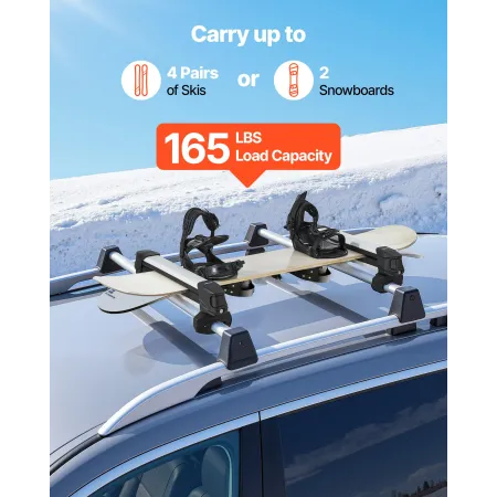 Ski & Snowboard Roof Rack, Carry up to 4 Pairs of Skis or 2 Snowboards, 2 PCS Aluminum Universal Car Roof Rack Top Holder with L