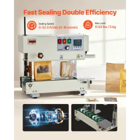 VEVOR Continuous Bag Band Sealing Machine, 6-12 mm Seal Width, Vertical Band Sealer Machine with Roller Printing , Temp & Speed 