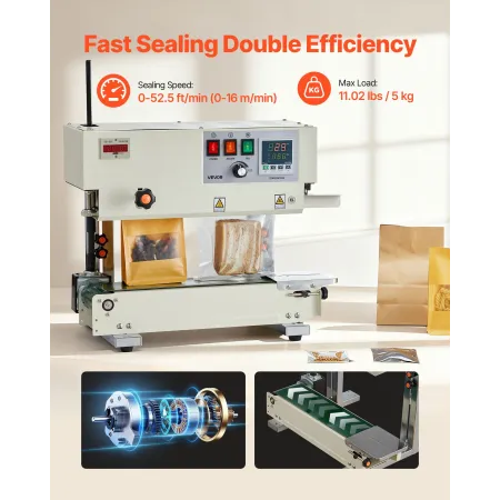 VEVOR Continuous Bag Band Sealing Machine, 6-12 mm Seal Width, Vertical Band Sealer Machine with Roller Printing , Temp & Speed 