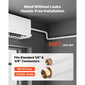 15.2m Mini Split Line Set, 6.4 & 9.5mm OD AC Copper Tubing Pipe, 3/8 White PE Thickened Insulated Coil with Flared Nuts, Strappi
