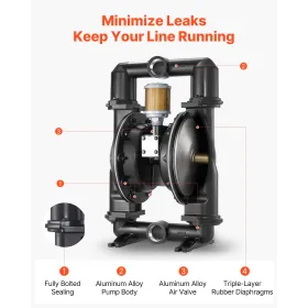 VEVOR Air Operated Double Diaphragm Pump, 598 L/min Max, Standard Inlet & Outlet Air Pneumatic Waste Oil Transfer Pump, Aluminum