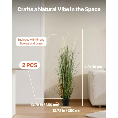 Artificial Grass Plant, 2 Pack 1194mm Reed Flower Grass in Pot, Premium PVC Faux Fake Greenery Shrubs Plant for Indoor Outdoor H