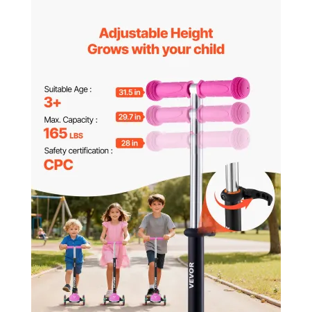 Kick Scooter for Kids Ages 3+, 3-Wheel Toddler Scooter with Light-Up Wheels, Adjustable Height Handlebar, Wide Anti-Slip Deck, L