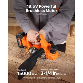 VEVOR Trådløs håndhøvler, 82 mm snitbredde, 15000 omdr./min. Elektrisk håndhøvler med børsteløs motor, justerbar skæredybde