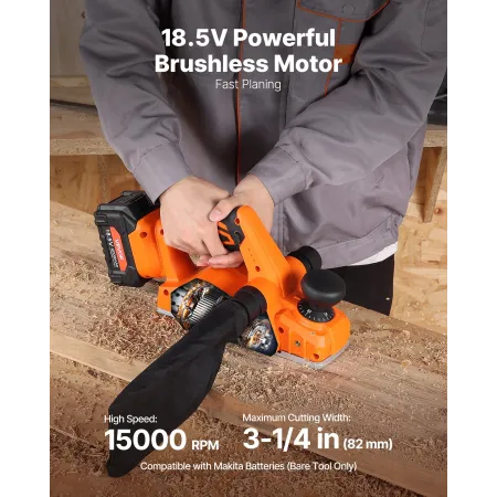 VEVOR Cordless Handheld Planer, 82 mm Cut Width, 15000 RPM Electric Hand Wood Planer with Brushless Motor, Adjustable Cut Depth 