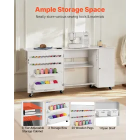 VEVOR sammenklappeligt sybord, multifunktions symaskinebord med kabinet, kompakt design, hjul, træpløkke, opbevaringsbakker a