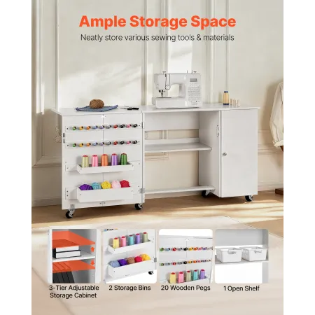 Folding Sewing Table, Multipurpose Sewing Machine Table with Cabinet, Compact Design, Wheels, Wooden Pegs, Storage Trays and She