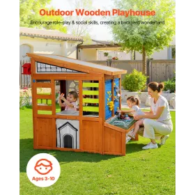 VEVOR Outdoor Playhouse, Cedar Wooden Kids Playhouse with Bird Nest, Doorbell, Trash Bin, Gravity Wall Set, Storage Pocket, Wind