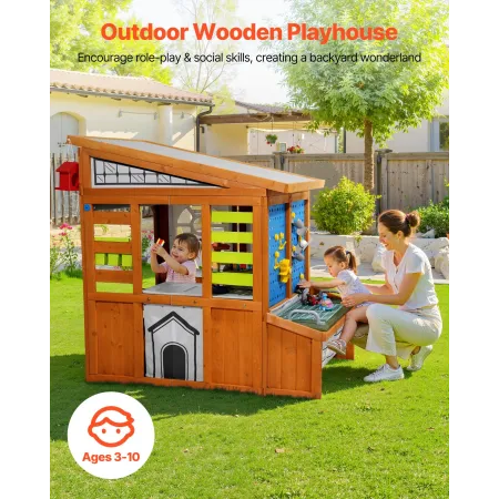 Outdoor Playhouse, Cedar Wooden Kids Playhouse with Bird Nest, Doorbell, Trash Bin, Gravity Wall Set, Storage Pocket, Windowsill