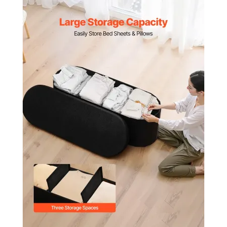 Oval Storage Ottoman Bench, Foldable Teddy Fleece End of Bed Bench, Folding Upholstered Bed Ottoman Chest with Large Storage Spa