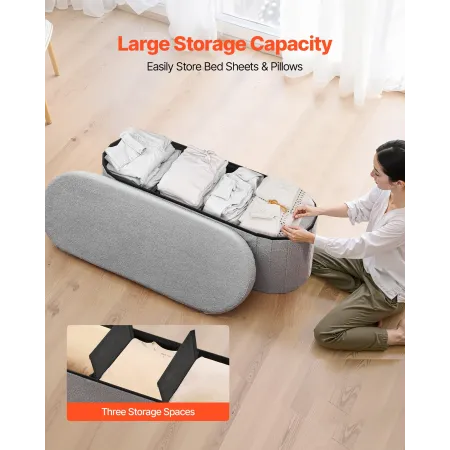 Oval Storage Ottoman Bench, Foldable Teddy Fleece End of Bed Bench, Folding Upholstered Bed Ottoman Chest with Large Storage Spa