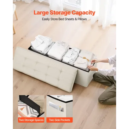 VEVOR Foldable Storage Ottoman Bench, End of Bed Bench with Side Bags, Folding Upholstered Storage Chest Supports 660 lbs, Linen
