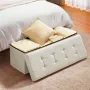 VEVOR Foldable Storage Ottoman Bench, End of Bed Bench with Side Bags, Folding Upholstered Storage Chest Supports 660 lbs, Linen