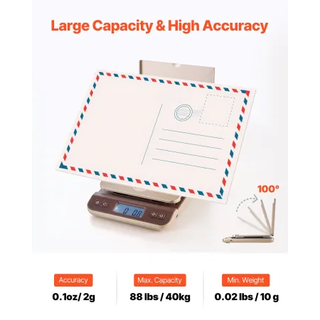 VEVOR Digital Shipping Postal Scale, 2 g High Accuracy, 40 kg Postal Scale with Hold/Tare/Auto-off Function, Flip Holder Design 