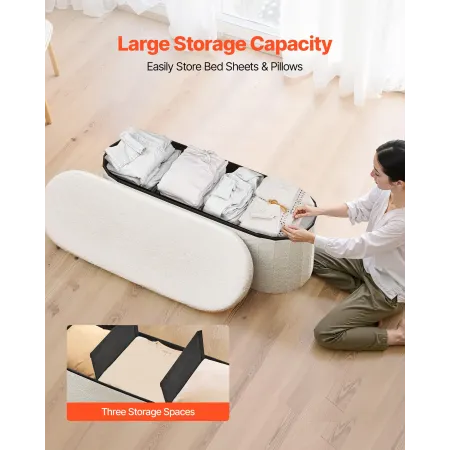 VEVOR Oval Storage Ottoman Bench, Foldable Teddy Fleece End of Bed Bench, Folding Upholstered Bed Ottoman Chest with Large Stora