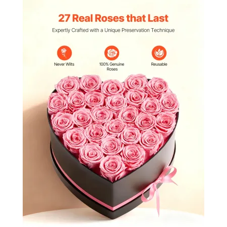 Forever Flowers, 27 Preserved Roses in a Heart Shape Box, Eternal Flowers Immortal Bouquet Birthday Present for Women Her Wife M