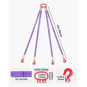 VEVOR Lifting Sling Straps, Four Leg Polyester Bridle Sling with Hooks, 3 Ton Capacity, 5Ft Heavy Duty Rigging Strap, Thickened 