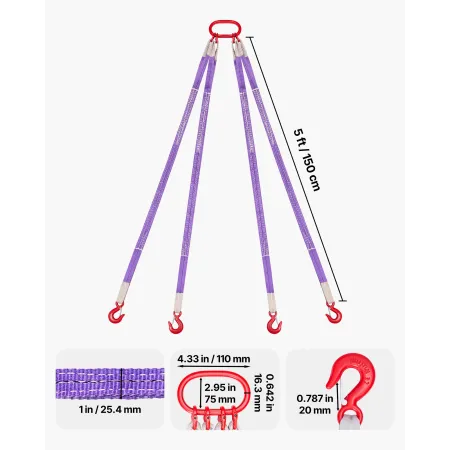 VEVOR Lifting Sling Straps, Four Leg Polyester Bridle Sling with Hooks, 3 Ton Capacity, 5Ft Heavy Duty Rigging Strap, Thickened 