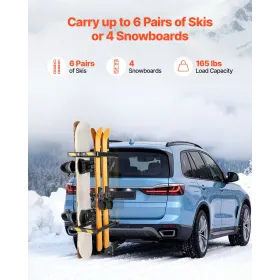 VEVOR Folding Hitch Mounted Ski & Snowboard Rack, Fits 50 mm Receiver, Carries up to 6 Pairs of Skis or 4 Snowboards, Adjustable