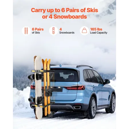 VEVOR Folding Hitch Mounted Ski & Snowboard Rack, Fits 50 mm Receiver, Carries up to 6 Pairs of Skis or 4 Snowboards, Adjustable