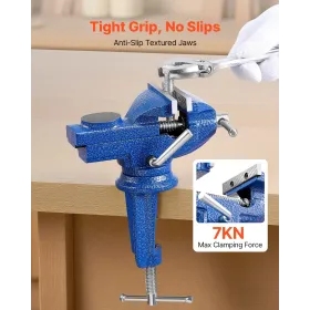 Bench Vise, 3 Inch, Portable Workbench Vice with 360° Swivel Base, Quick Release Rotating Bench Clamp, Raised Base, Cast Iron Co