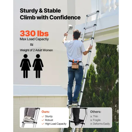 VEVOR 3.8m Telescoping Ladder, Aluminum Lightweight Multi-Purpose Collapsible Extension, One-Touch Retraction Ladder, Heavy Duty