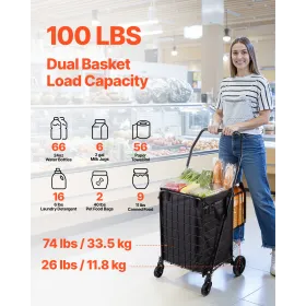 VEVOR Shopping Cart, Folding Grocery Utility Cart with Dual Baskets, Waterproof Liner & Wheels, 45 KG Large Load Capacity, Heavy