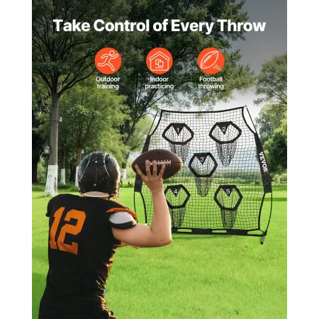 VEVOR 1828.8x1828.8mm Football Trainer Throwing Net, Training Throwing Target Practice Net with 5 Target Pockets, Knotless Net I