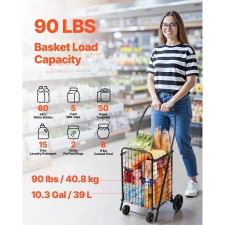 Shopping Cart, Folding Grocery Utility Cart with Swivel Wheels, 40.8 kg Large Load Capacity, Heavy Duty Rolling Laundry Basket B
