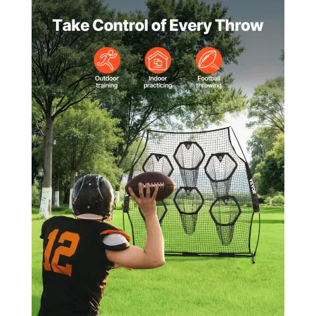VEVOR 2438.4x2438.4mm Football Trainer Throwing Net, Training Throwing Target Practice Net with 6 Target Pockets, Knotless Net I