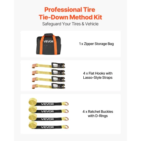 Wheel Chock Tie-Down Kit, Tire-Style Motorcycle Tie-Down System, Car Tie Down Kit with Flat Hook, Break Strength 4540 kg & Worki