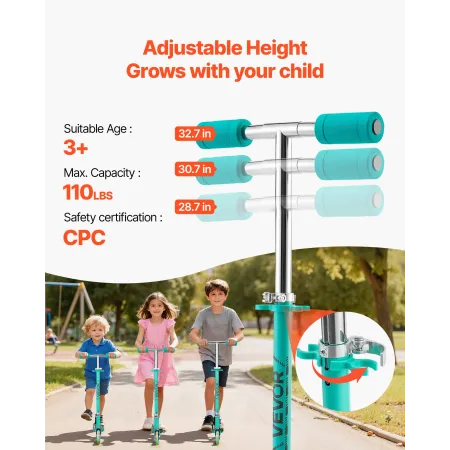 VEVOR Kick Scooter for Kids Ages 3+, 2-Wheel Toddler Scooter with Light-Up Wheels, Adjustable Height Handlebar, Wide Anti-Slip D