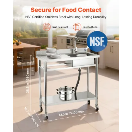 VEVOR Stainless Steel Utility Sink, Rolling Single Bowl Commercial Kitchen Sink with Wheels, Faucet and Hot & Cold Water Pipe, U