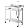 Stainless Steel Utility Sink, Rolling Single Bowl Commercial Kitchen Sink with Wheels, Faucet and Hot & Cold Water Pipe, Utility