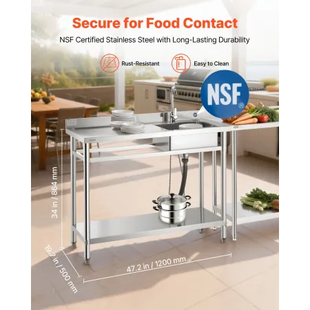 Stainless Steel Utility Sink, Free Standing Single Bowl Commercial Kitchen Sink with Faucet, Utility Left Basin Workbench with H