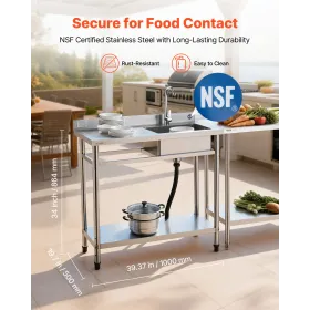 VEVOR Utilityvask i rustfrit stål, Fritstående Enkeltskål Kommerciel køkkenvask med vandhane, 1000 x 500 x 940 mm, Utility