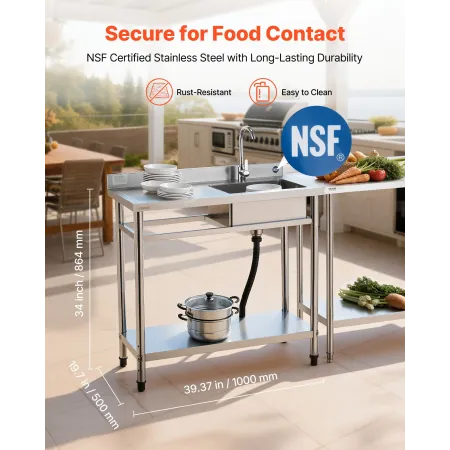 VEVOR Utilityvask i rustfrit stål, Fritstående Enkeltskål Kommerciel køkkenvask med vandhane, 1000 x 500 x 940 mm, Utility