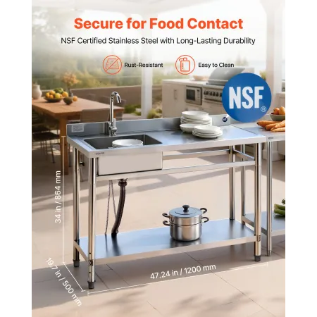 VEVOR Utilityvask i rustfrit stål, Fritstående Enkeltskål Kommerciel køkkenvask med vandhane, Utility Højre Håndvask Arbejdsbord